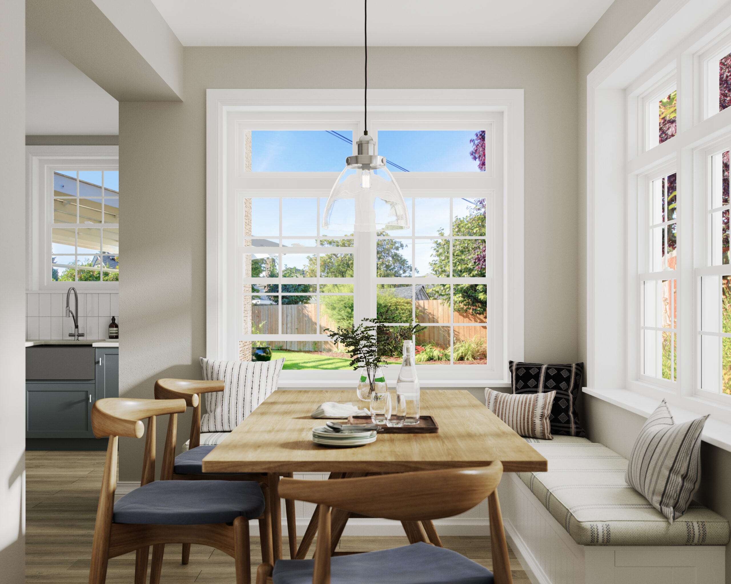 Double hung windows in kitchen breakfast nook